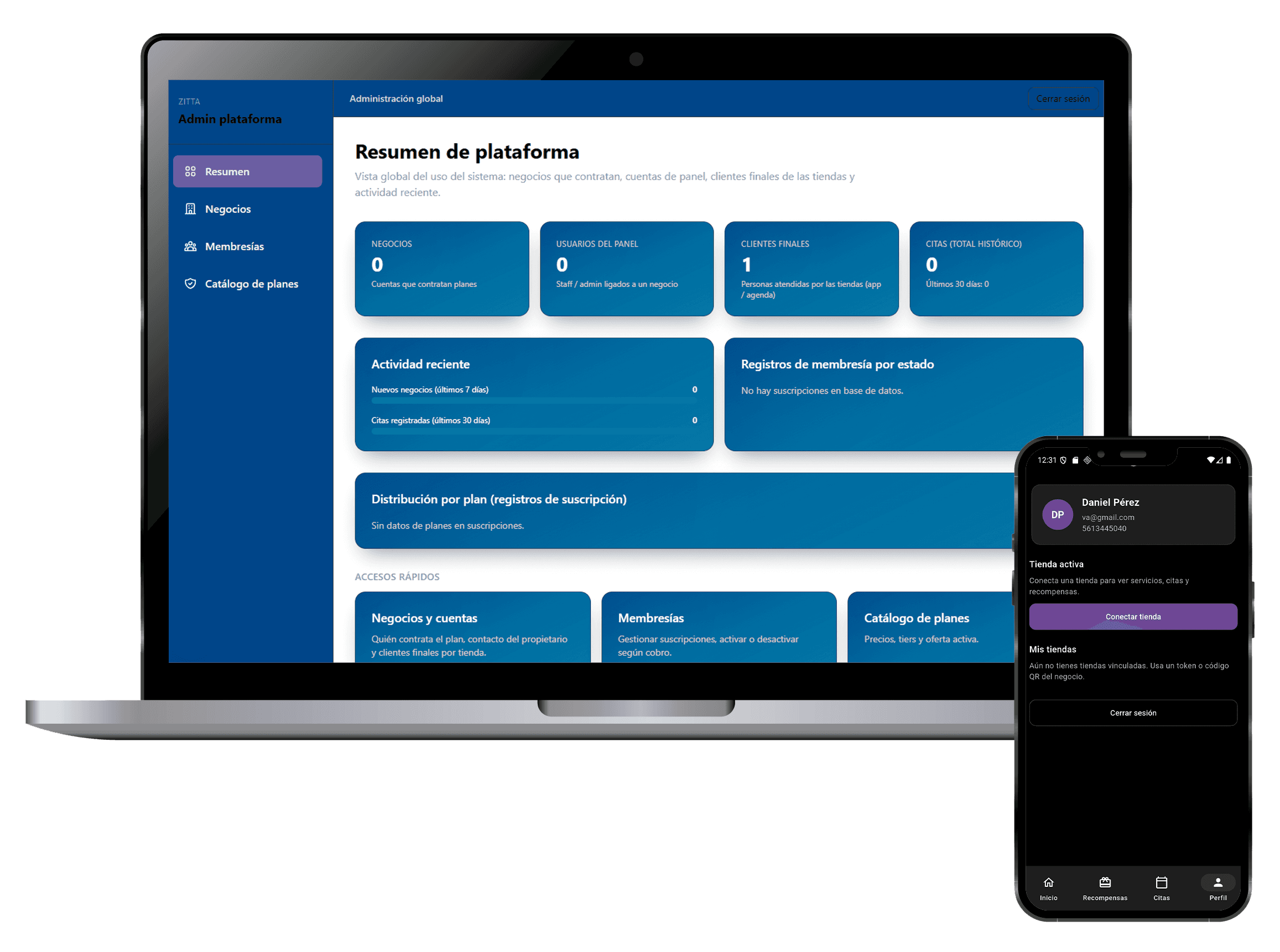 Panel administrativo de Zitta en laptop y app móvil para clientes
